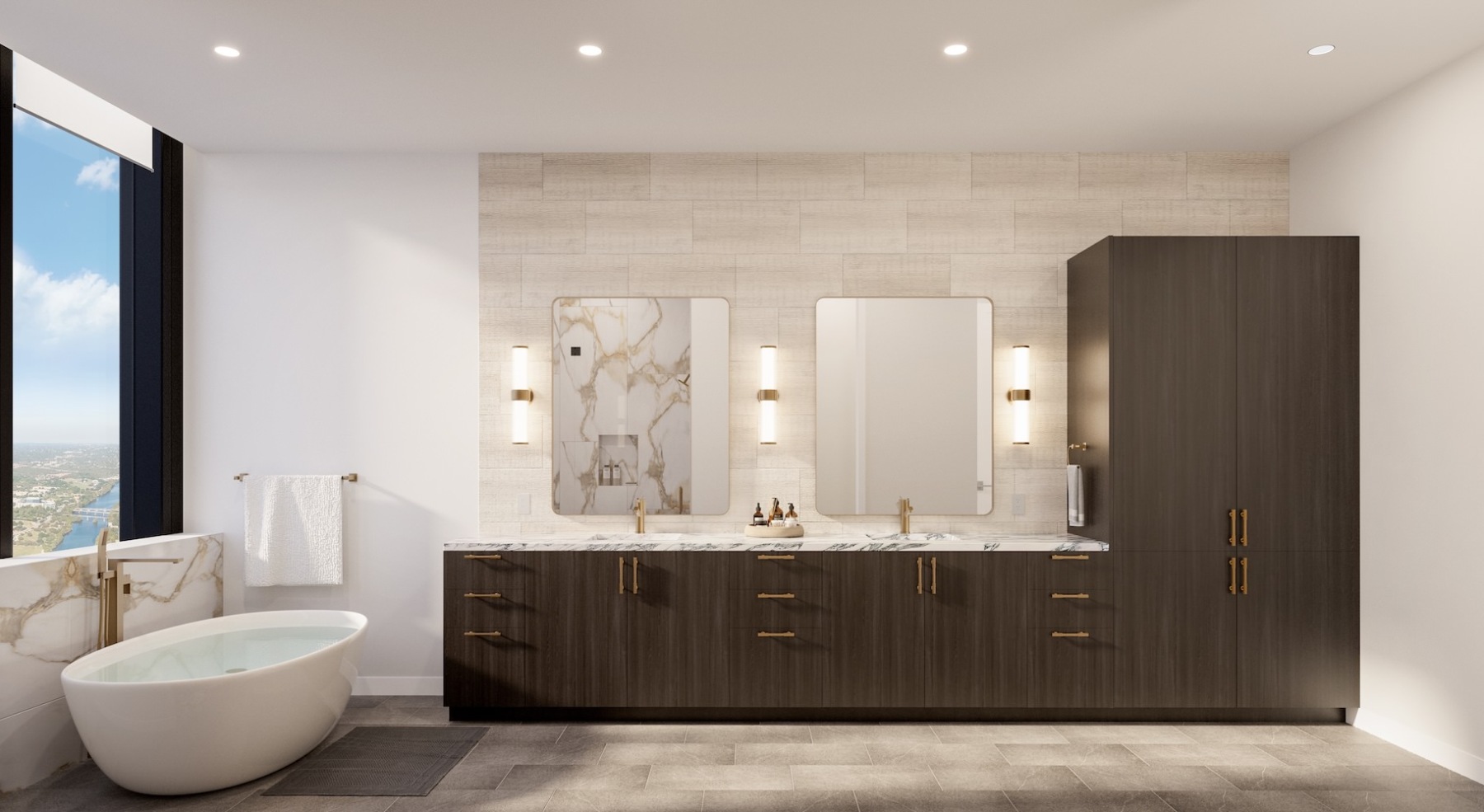 a spacious bathroom with a large mirror and ample light