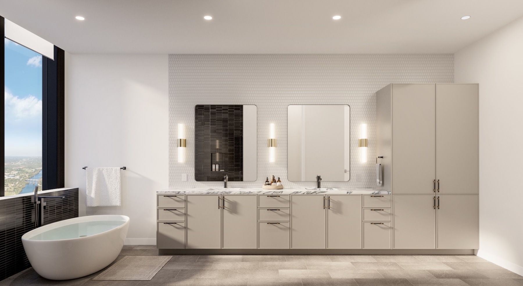 a spacious bathroom with a large mirror and ample light