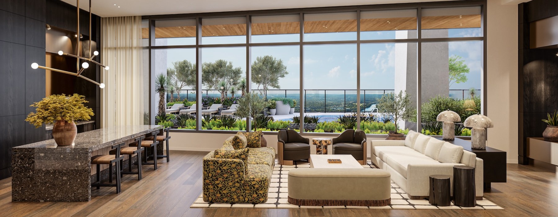 a clubroom with couches, tables and chairs