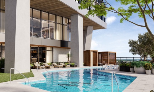 a swimming pool outside a building