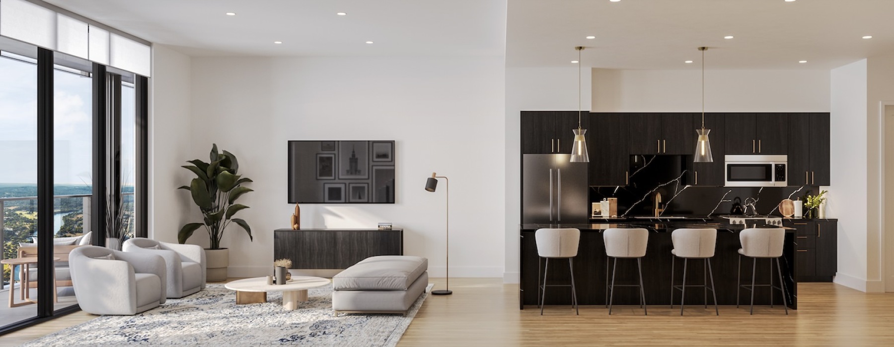 a modern looking kitchen with a bar and a couch