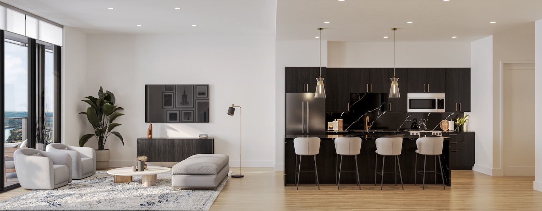 a modern looking kitchen with a bar and a couch