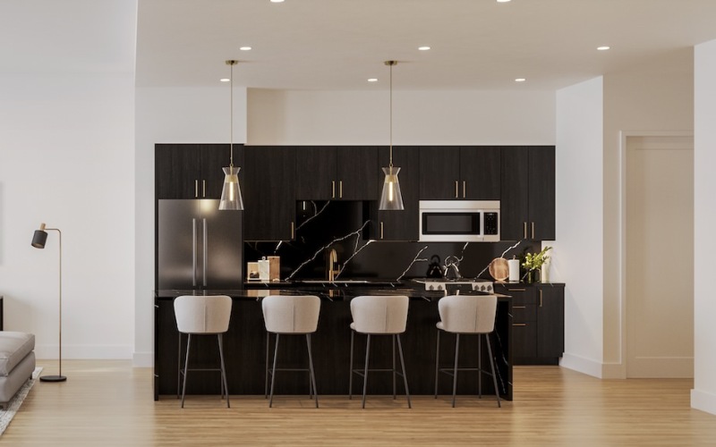 a modern looking kitchen with a bar and a couch