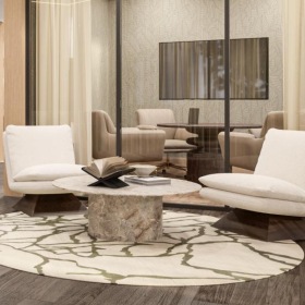 a living room with a large glass door