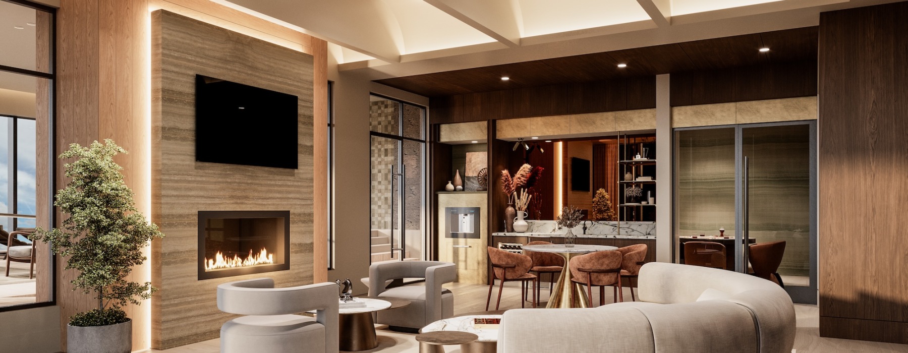 a spacious clubroom with a fireplace and a media area