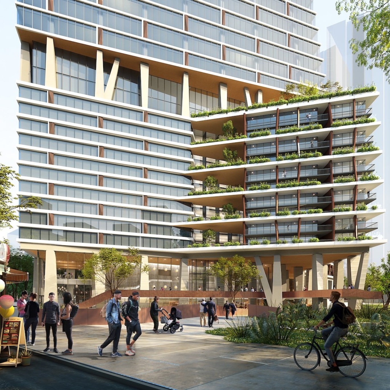 a rendering of a building and people walking in front of it