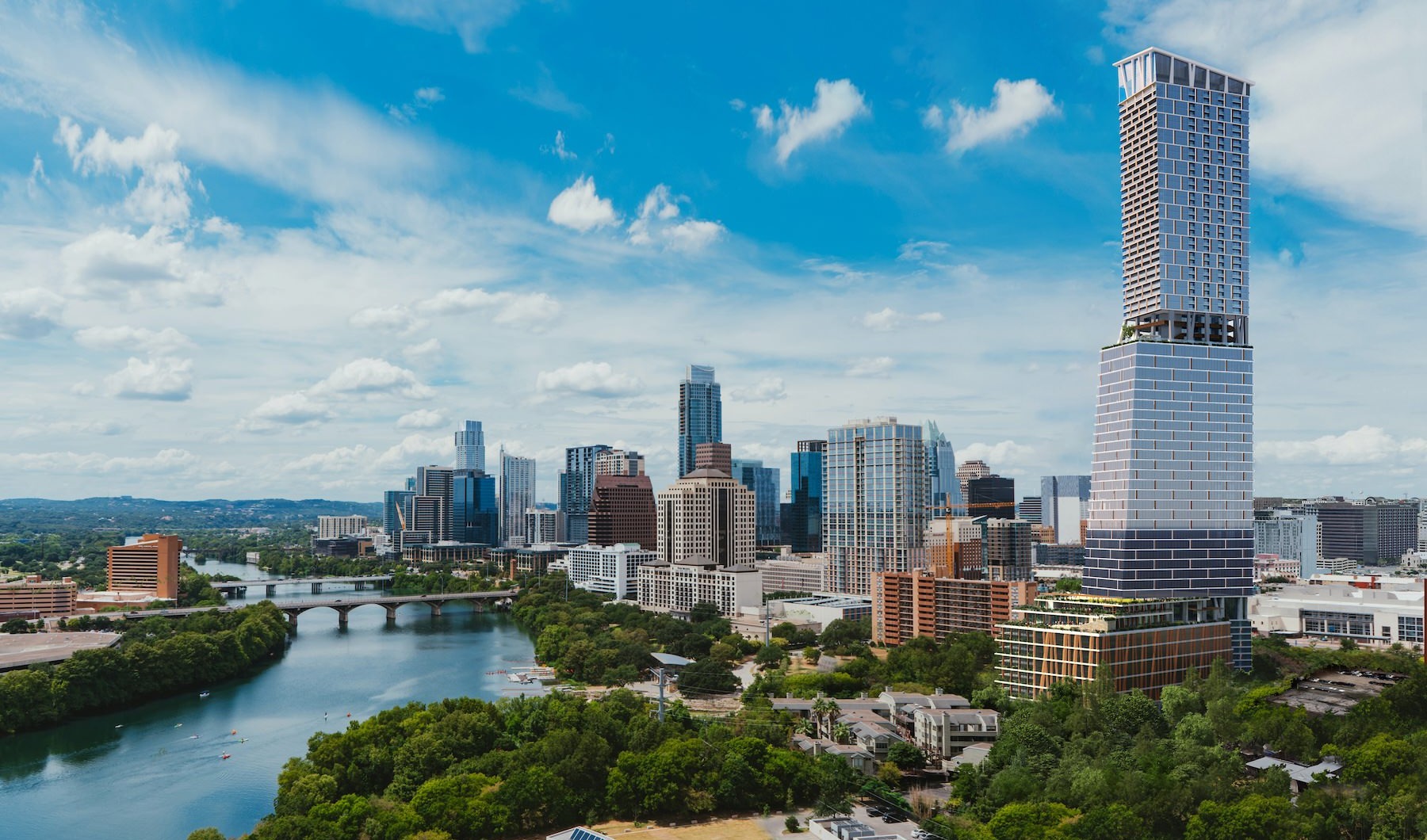 a city skyline along a river